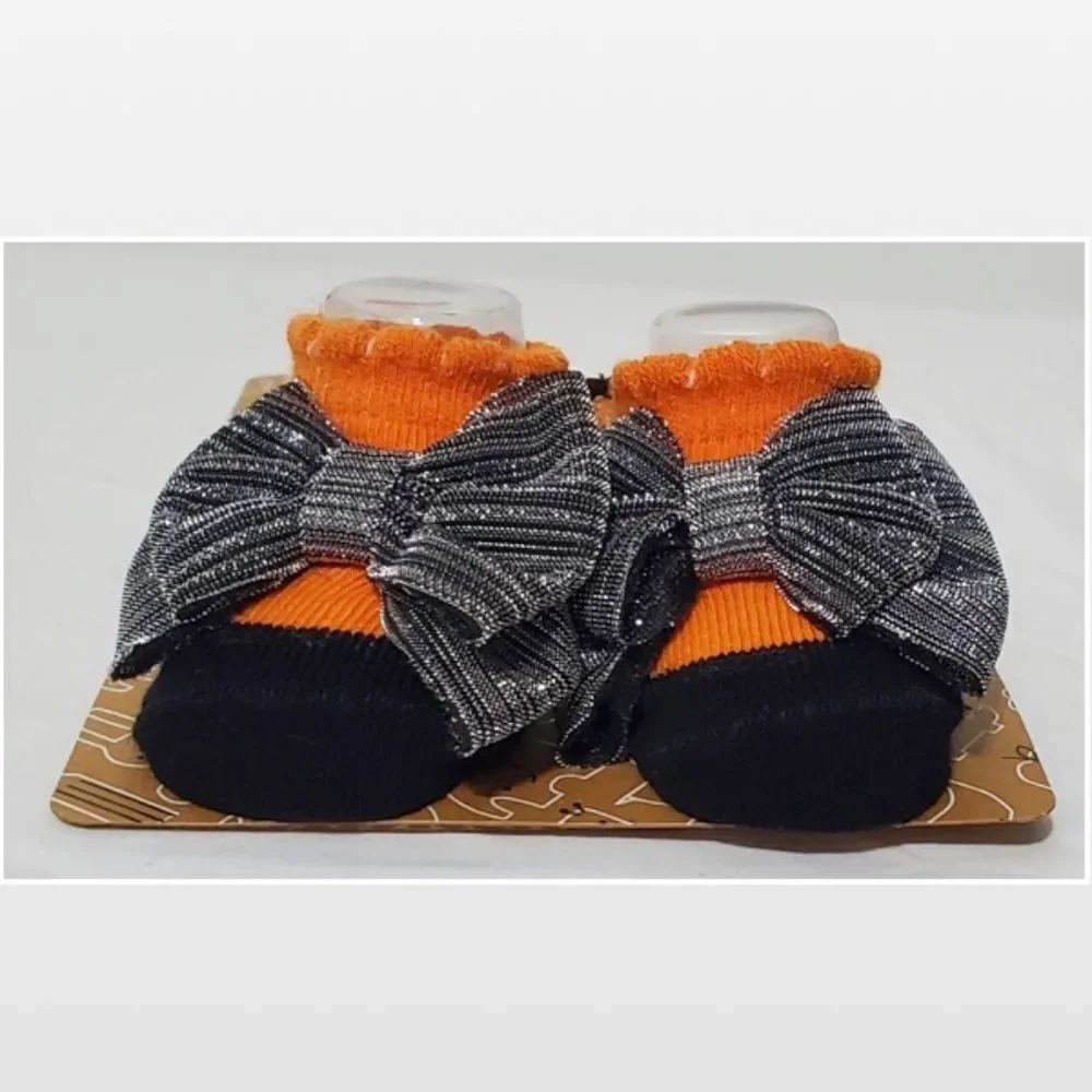 New Baby Halloween Headband & Sock Set Pumpkin Orange & Silver 0-6 Months